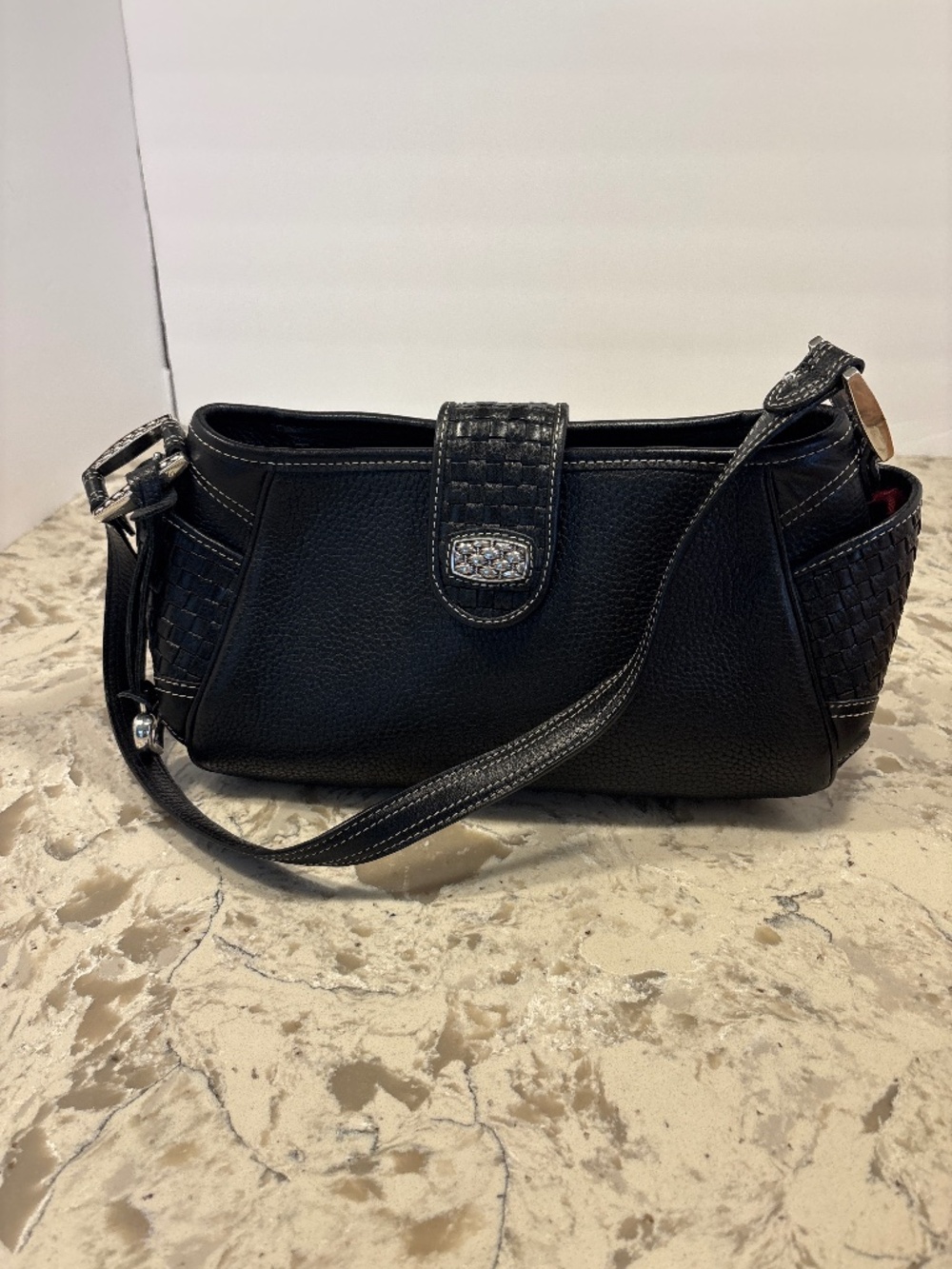 EUC Brighton Black Pebbled Leather Basket Weave Shoulder Handbag